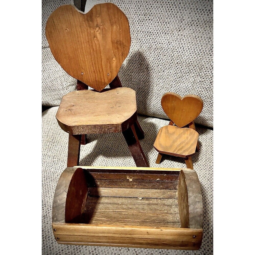 Vintage Handmade Wooden Doll Furniture Lot Heart Chairs Cradle Primitive Set